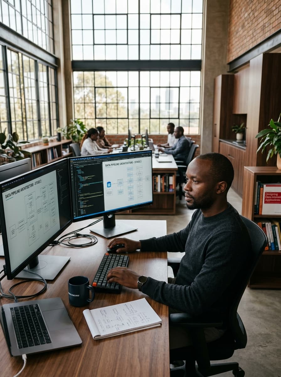 Maveec Labs systems architect in an engineering studio reviewing data pipelines and technical architectures