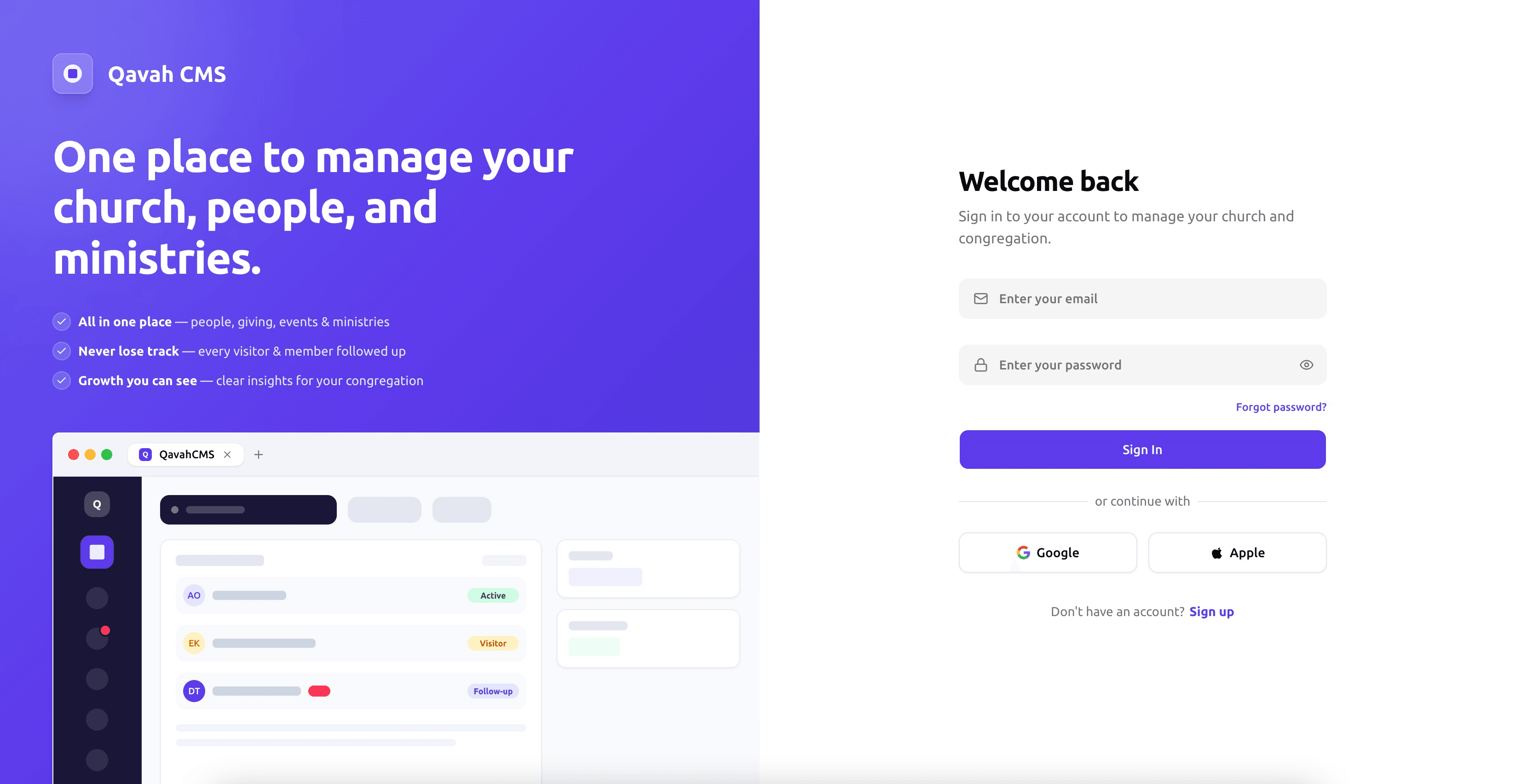 Qavah CMS Church Management Platform Interface